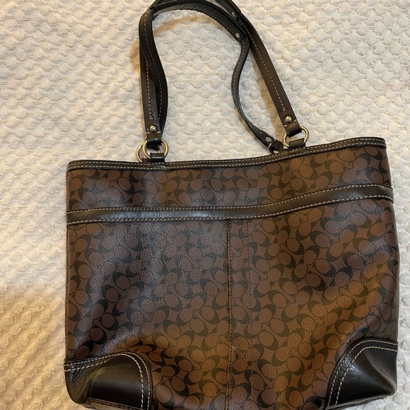 Coach Logo Print Brown Tote Hanndbag - Picture 2 of 16